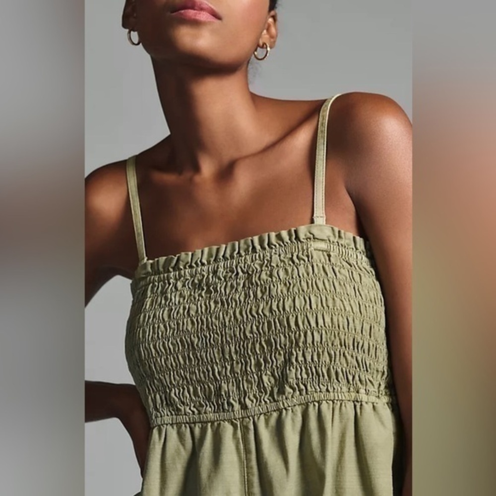 Pure Italian Peplum La Boheme Smocked Ruffle Tank made in Italy in olive green